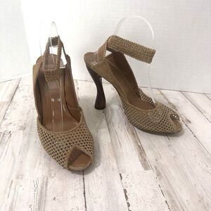 Donna Karan Collection Carved Wood Heels Stretch‎ Mesh Peep Toe 41 US 10 5" Heel